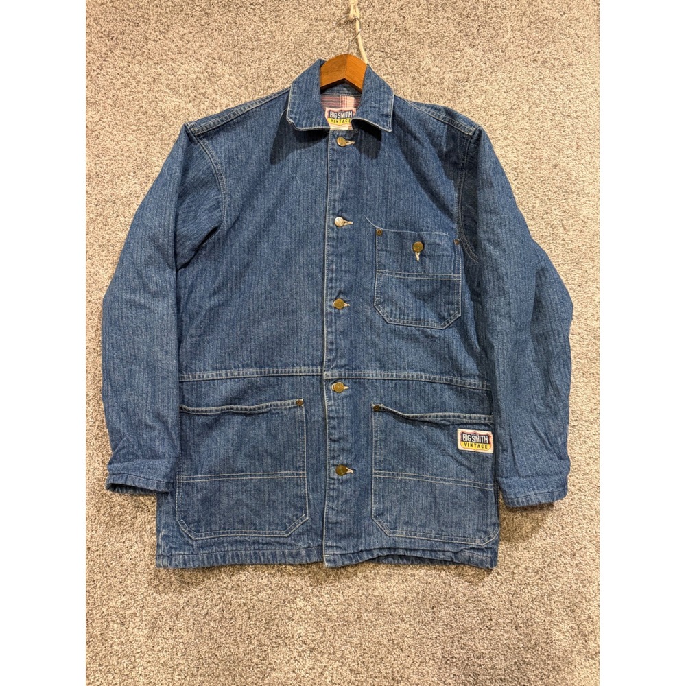 VTG Big Smith Chore Coat Mens Small Blue Flannel Lined Denim Work Jacket USA